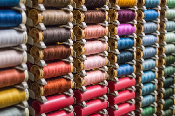 Estantería con carreteles de hilo de muchos colores